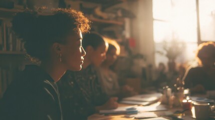 Aufkleber - Diverse Group of People at a Table in Warm Sunlight, Illustrating Teamwork and Collaboration in a Creative Environment for Business and Education Purposes : Generative AI