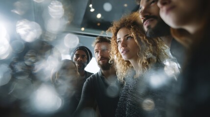 Aufkleber - Diverse Group of Young Professionals Looking Upward With Optimism and Anticipation, Representing Teamwork and Shared Vision for Business Growth : Generative AI