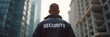 © 2April - Rear view of a security guard standing between modern buildings in an urban area. Security and protection concept.