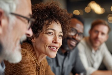 Aufkleber - Diverse Group of Business Professionals Collaborating and Smiling During a Team Meeting, Representing Teamwork and Inclusive Communication : Generative AI