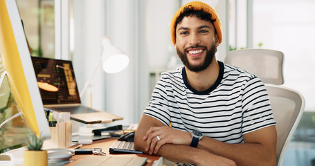Poster - Portrait, computer and smile with business man in office or creative newsletter, publication or planning. Email marketing, subscription campaign and copywriting editor with person in startup agency