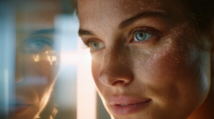 Aufkleber - Close Up of Focused Woman's Face Reflected with Financial Data Overlay, Symbolizing Technology and Business Strategy : Generative AI