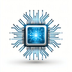 Poster - futuristic microchip technology abstract blue digital circuit board with glowing core
