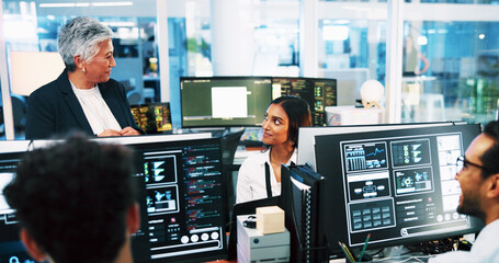 Poster - Business people, computer or programming team with monitor for cybersecurity at office. Group, developer or coders with technology screen or display for online maintenance or software development