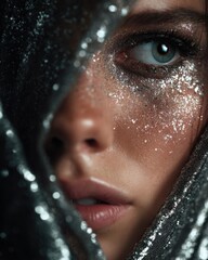 Fototapete - Close-up of Woman's Face Covered in Glitter and Sequins, Expressing Beauty and Glamour for Cosmetic Advertising and Fashion Promotion : Generative AI