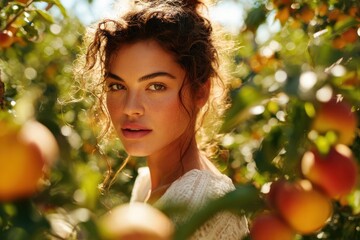 Aufkleber - Young Woman With Curly Hair Among Peach Trees in Orchard, Evoking Natural Beauty and Healthy Lifestyle for Wellness Campaigns and Summer Promotions : Generative AI