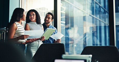 Poster - Talking, documents or business people on tablet for graphs research, teamwork or accounting proposal. Financial growth, finance analysts or news update for budget report, paperwork and investment
