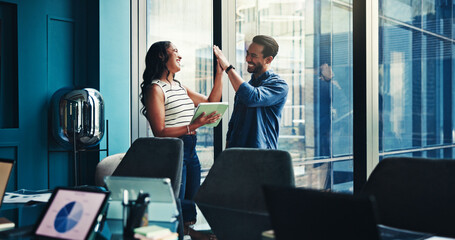 Poster - Happy, colleagues and high five in office, tablet and celebration for marketing strategy or success. Business, man and woman with smile for achievement, gesture and people with tech for project