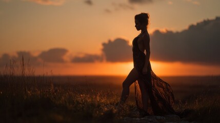 Poster - Elegant Woman Silhouette in Flowing Dress at Sunset on a Hilltop, Capturing Freedom and Serenity in Nature : Generative AI