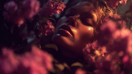 Poster - Close Up of Woman's Face Among Pink Flowers in Dreamy Light, Evoking Beauty and Tranquility for Wellness and Skincare Concepts : Generative AI