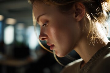 Poster - Close-Up of a Young Woman's Face in Profile With Soft Lighting, Showcasing Natural Beauty and Authentic Portraiture for Cosmetics and Skincare : Generative AI