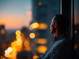 Aufkleber - Man Contemplating Cityscape at Sunset From Window, Representing Solitude and Urban Reflection With a Focus on Mental Clarity and Personal Growth : Generative AI