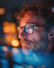 Fototapete - Closeup of Mature Man's Face With Glasses Reflecting Data From Screen at Night, Representing Technology Use and Dedicated Work : Generative AI