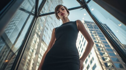 Leinwandbilder - Confident Woman in Black Dress Looking Down From Glass Skyscraper Corner Office, Representing Corporate Power and Modern Ambition : Generative AI