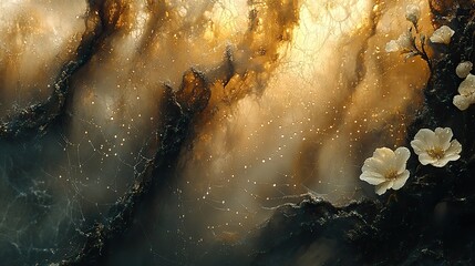 Wall Mural - close-up of dew-kissed spiderweb glistening in the morning light, a delicate masterpiece of natural 