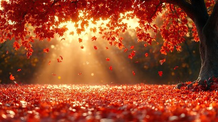 Wall Mural - crimson leaves fall from the branches of a maple tree in autumn, creating a vibrant carpet of color 