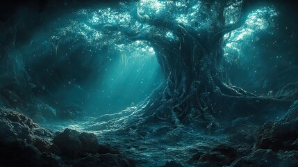 Wall Mural - ephemeral flora unfurls, bioluminescent tendrils entwining ancient, petrified roots in a silent, sub
