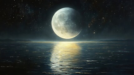Wall Mural - gleaming obsidian surfaces reflect the distorted image of a full moon hanging in a velvet sky dotted