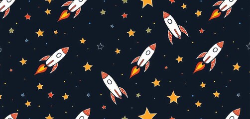 Wall Mural - Seamless hand-drawn space rocket and star pattern, ideal for textile or wrapping paper, clipart, background
