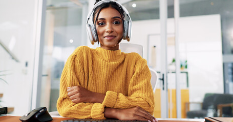 Poster - Woman, headset and portrait at office with smile, review or arms crossed for tech support at IT startup. Person, consultant and voip mic for virtual advisory service, happy and help desk in Mexico