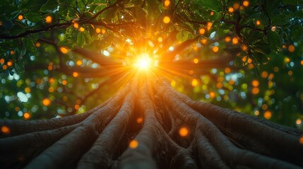 Wall Mural - jade leaves shimmer in the sunlight on the branches of a banyan tree with its aerial roots reaching 
