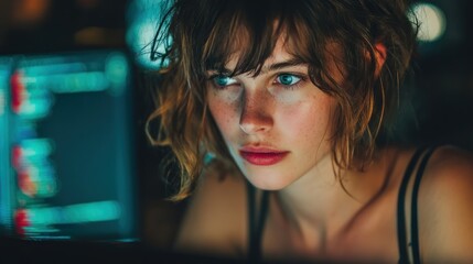 Aufkleber - Focused Young Woman Concentrating on Computer Screen at Night