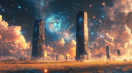Wall Mural - obsidian monoliths rise from a field of crackling, electric blue grass under a sky filled with swirl