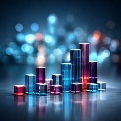 Poster - Abstract Colorful Crystal Bar Graph with Bokeh Background and Reflective Surface, Displaying Data in a Modern and Visually Appealing Way
