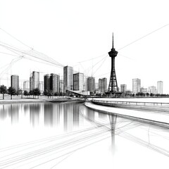 Poster - Architectural Sketch: Cityscape Reflection with Tower Overlooking Tranquil Waters and Modern Structures.