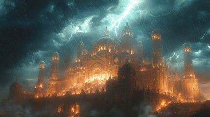 Wall Mural - silver rain falls on a city built of polished bone, its towers reaching towards a stormy, charcoal s