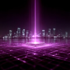 Leinwandbilder - High-Tech CPU Data Transmission Network With Pink Light Beam and Cityscape Background, Modern Digital Communication Concept
