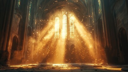 Wall Mural - sunlight streams through the arched windows of a deserted cathedral, illuminating dust motes dancing