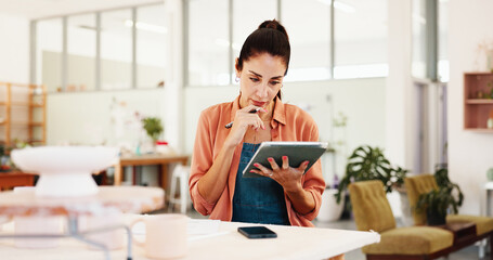 Poster - Pottery, thinking and woman with tablet in workshop for stock management, clay supply and online order. Small business, potter and digital checklist for account invoice and sales tracking in studio