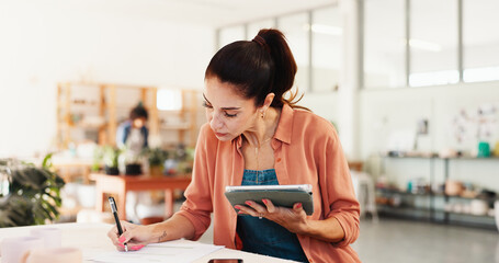 Poster - Pottery, writing and woman with tablet in studio for inventory management, lesson schedule and online stock order. Small business, paperwork and digital app for sales invoice and planning in workshop