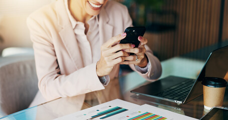 Poster - Office, hands and laptop with smartphone for search, investment information and accountant for agency. Closeup, person and business auditor with mobile for communication, auditing and typing email