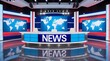 © Sina Blaze - Empty futuristic TV news set with digital world background, LED lights, and glossy surfaces, designed for live broadcasting, media reporting, and real-time global updates