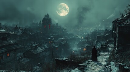 Wall Mural - zinc rooftops gleam under the pale light of a full moon, casting long, eerie shadows across a silent