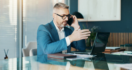 Aufkleber - Phone call, laptop and advice with business man in office for stock broker, account manager and client contact. Market monitor, trade risk and feedback with person talking for investment planning
