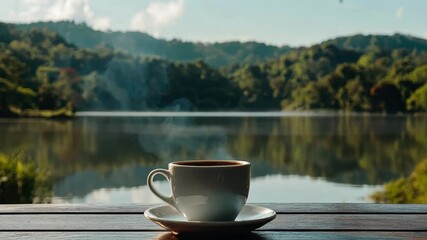 Wall Mural - Coffee cup resting on wooden table with serene nature backdrop by tranquil lake on a sunny day, A Cup of coffee on wooden table with nature background lake video