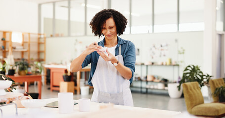 Poster - Woman, ceramics and sculpture with thinking at workshop for shape, quality assurance and color for clay product. Person, design and smile with manufacturing process, results and inspection at studio
