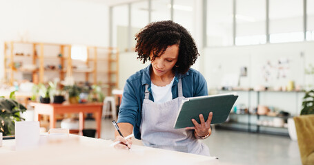 Poster - Pottery, writing and woman with tablet in workshop for inventory management, stock supply and online order. Small business, potter or digital checklist for account invoice or sales tracking in studio