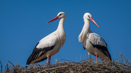 two storks in the nest against blue sky