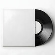 © Radenkovic - Blank vinyl record sleeve mockup with black retro LP partially out of cover, isolated on white background, template for music branding and album design