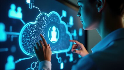 Technician adjusting cloud computing interface in modern technology workspace