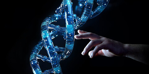 Aufkleber - Man hand touching DNA digital hologram on dark blue background. Generative ai DNA
