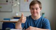 © NN AI - Boy with down syndrome giving thumbs up in classroom. Educational success and positive attitude. Inclusive learning and special education. World Down Syndrome Day and disability awareness
