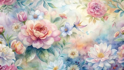  Delicate watercolor painting of blooming flowers and leaves in pastel colors, evoking a serene and artistic floral scene.