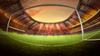 © master1305 - Dynamic stadium. Wide angle of grand soccer arena from goal view under sunset sky, with packed fans surrounding field. 3D render, fisheye view. Concept of sport, match, competition, event, game