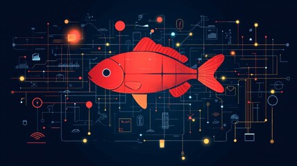 Poster - A bright red fish navigates a complex web of technology icons and lights in a digital rendering.