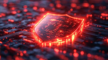 Poster - A vibrant red digital shield represents cybersecurity on a network circuit, showcasing technology.